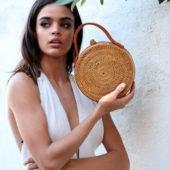 Round Rattan Bag for Women Handmade Straw Purse Summer Boho Crossbody - Picture 5 of 6
